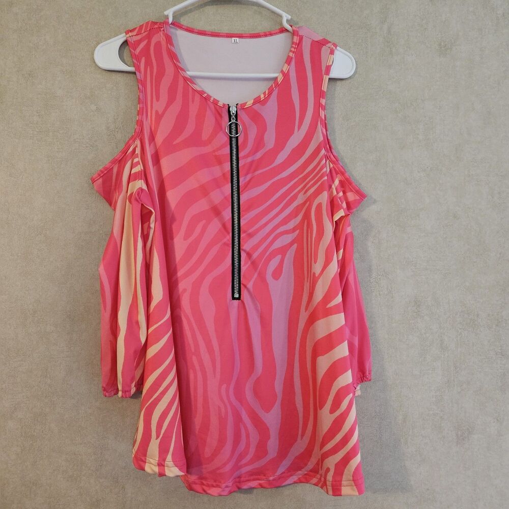 Women’s XL Neon Pink Zebra Print Swim Cover Up Cold Shoulder Zip Front Top